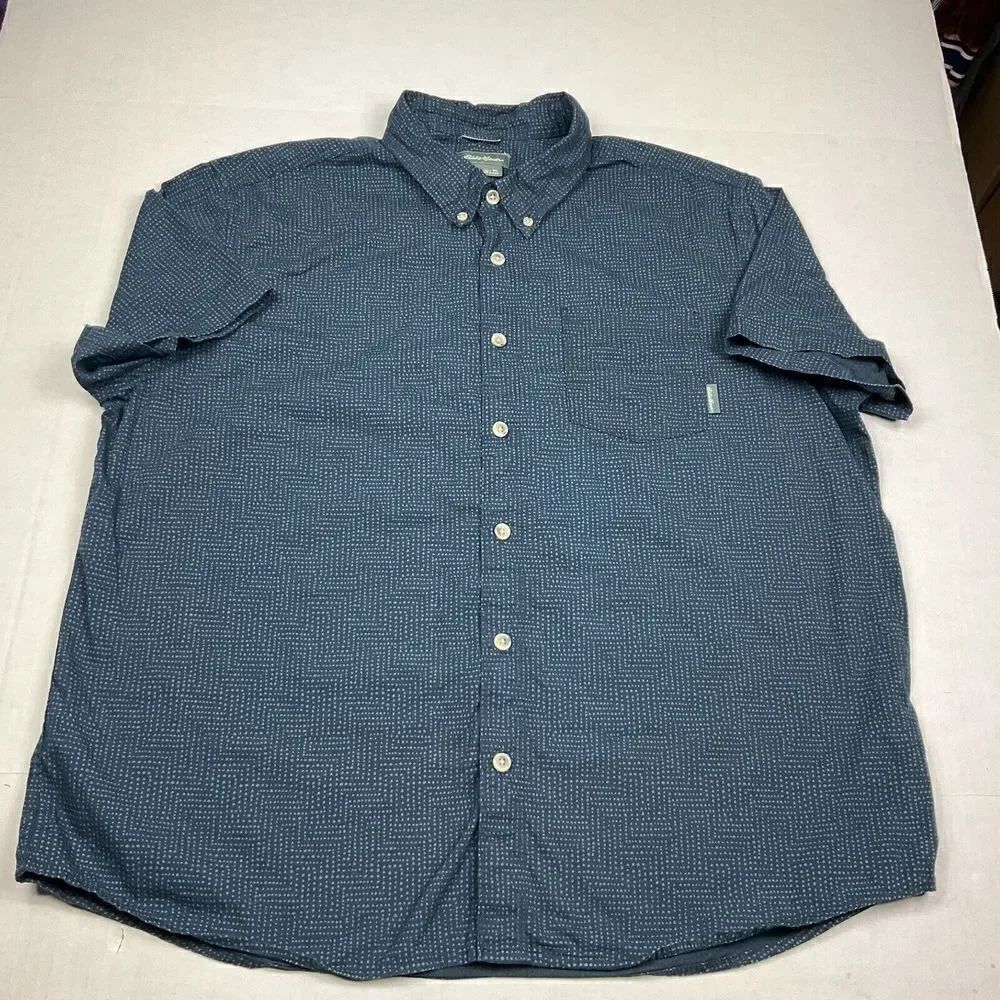 Eddie Bauer Mens Button Down Shirt Blue Short Sleeve Business Casual Cotton XL